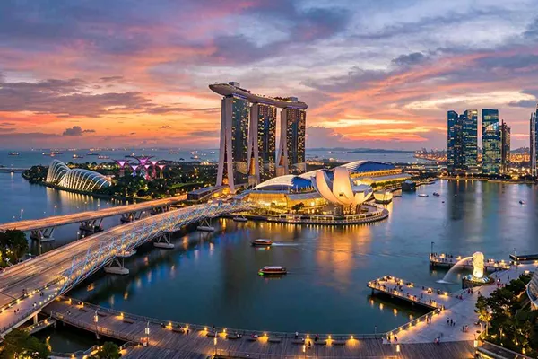 Singapore skyline at sunset grid